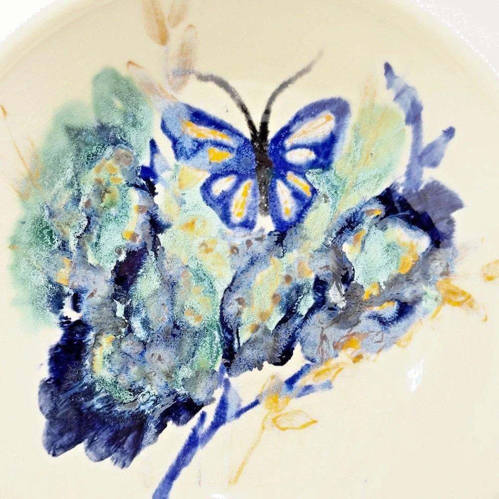 Hand Thrown Art Pottery Bowl Butterfly Iridescent Blue Green Artist Signed 10.5